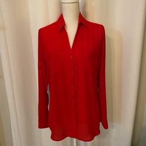 Express Button Front Slim Fit Blouse with pockets Red lightweight 100% polyester